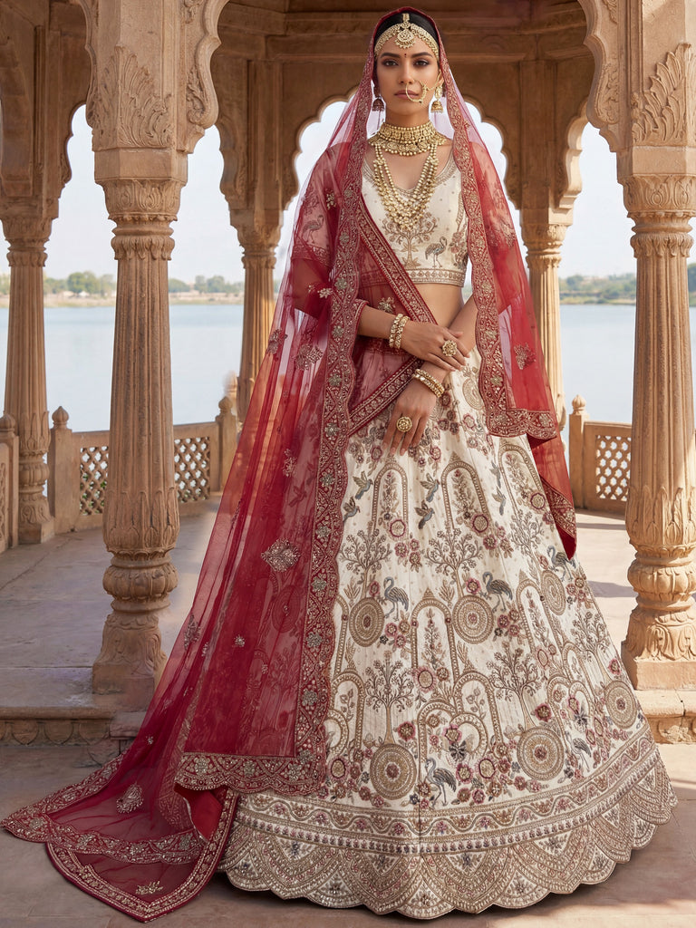 Lovely Off-White Dori Work Silk Bridal Lehenga Choli With Double Dupatta
