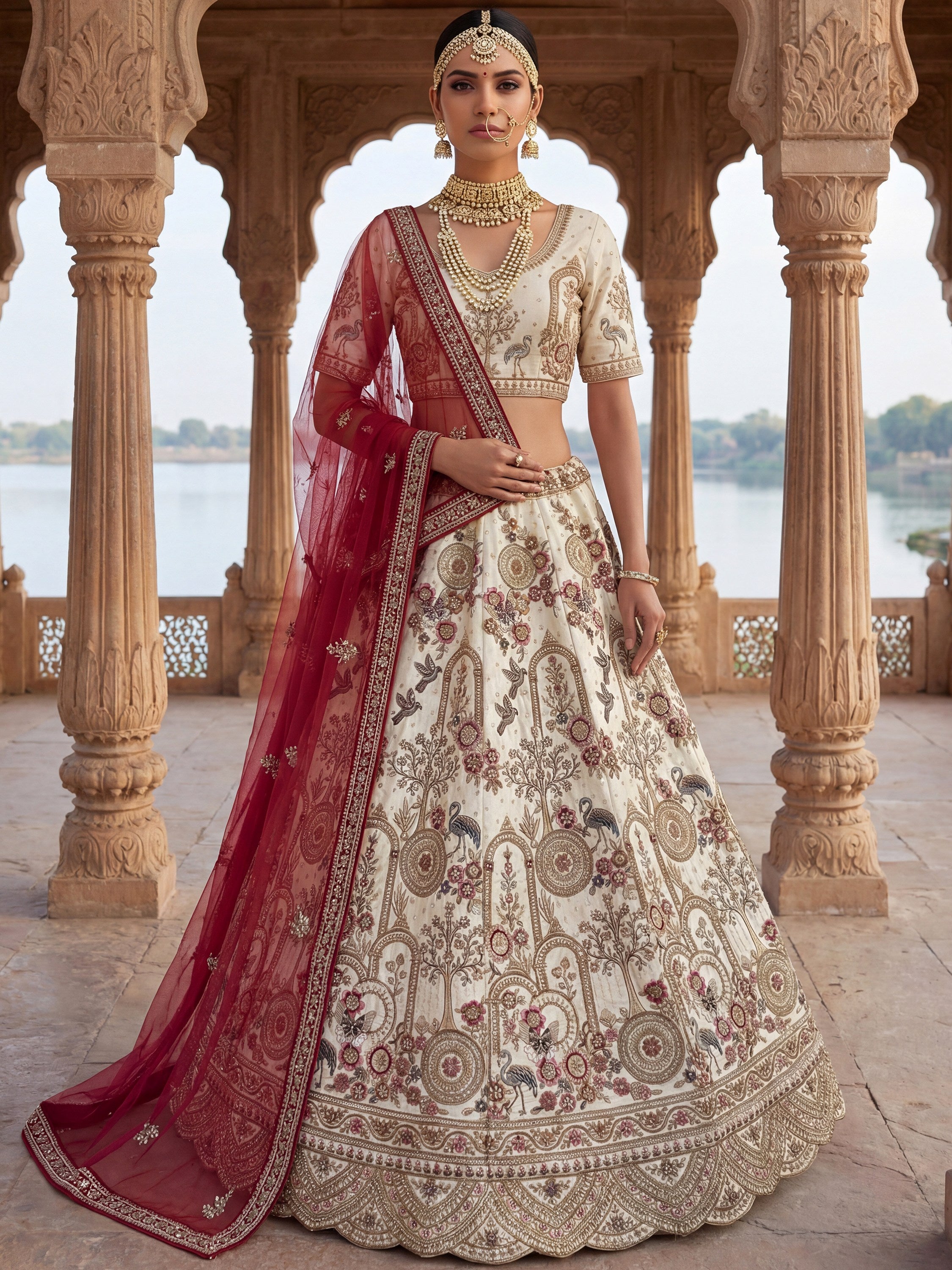 Lovely Off-White Dori Work Silk Bridal Lehenga Choli With Double Dupatta