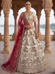 Lovely Off-White Dori Work Silk Bridal Lehenga Choli With Double Dupatta