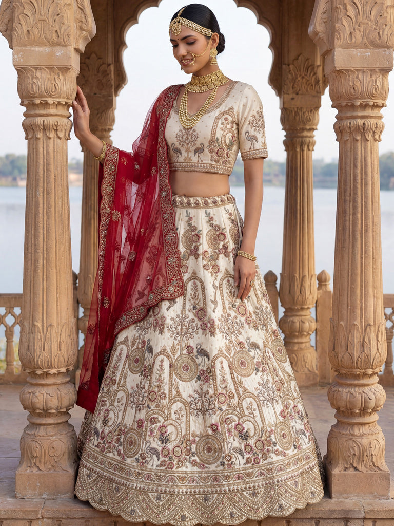Lovely Off-White Dori Work Silk Bridal Lehenga Choli With Double Dupatta