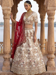 Lovely Off-White Dori Work Silk Bridal Lehenga Choli With Double Dupatta