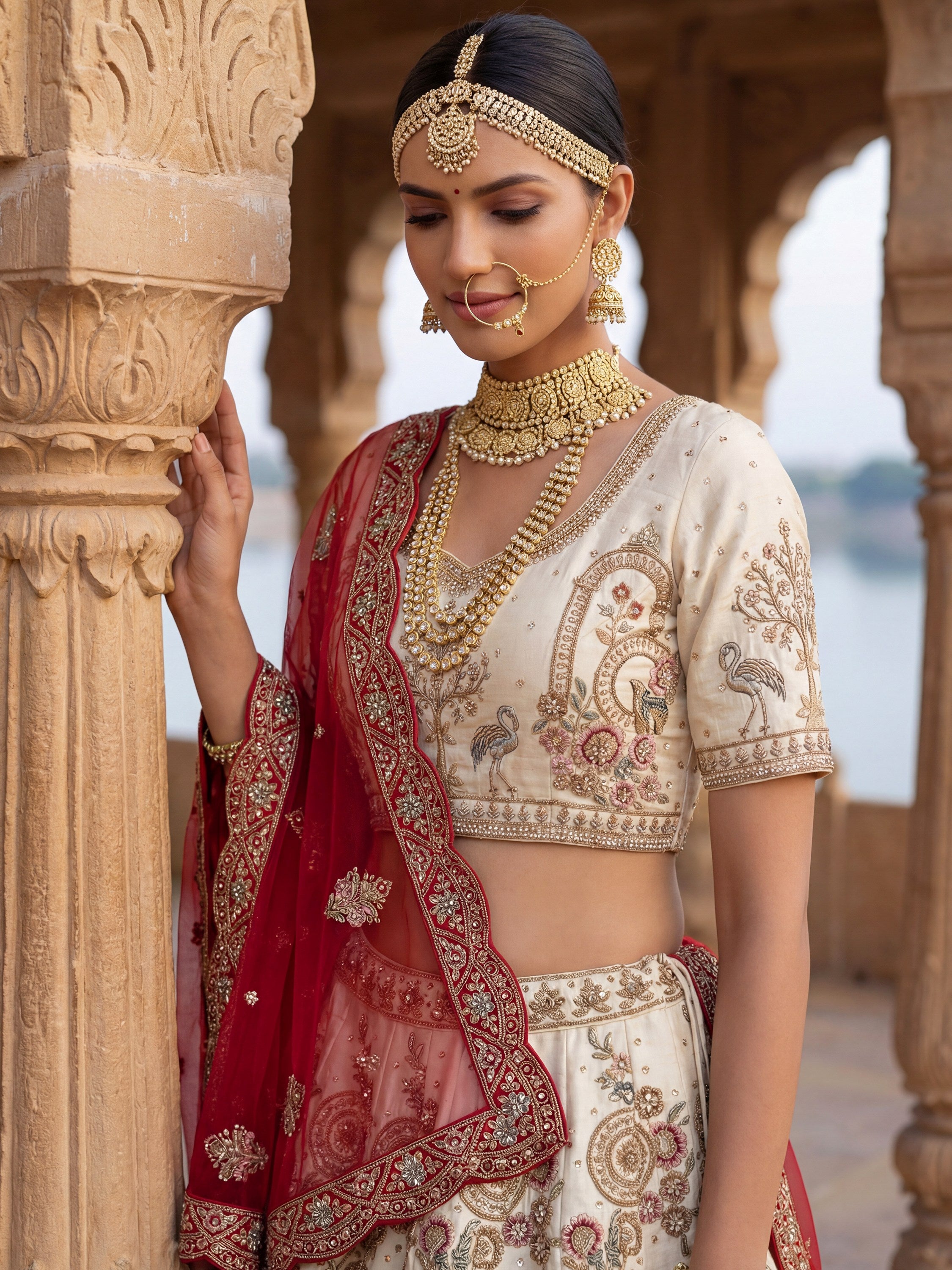 Lovely Off-White Dori Work Silk Bridal Lehenga Choli With Double Dupatta