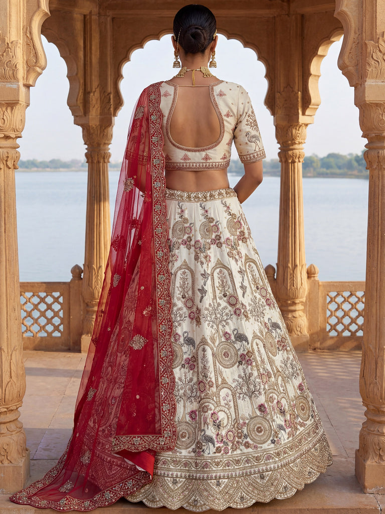 Lovely Off-White Dori Work Silk Bridal Lehenga Choli With Double Dupatta