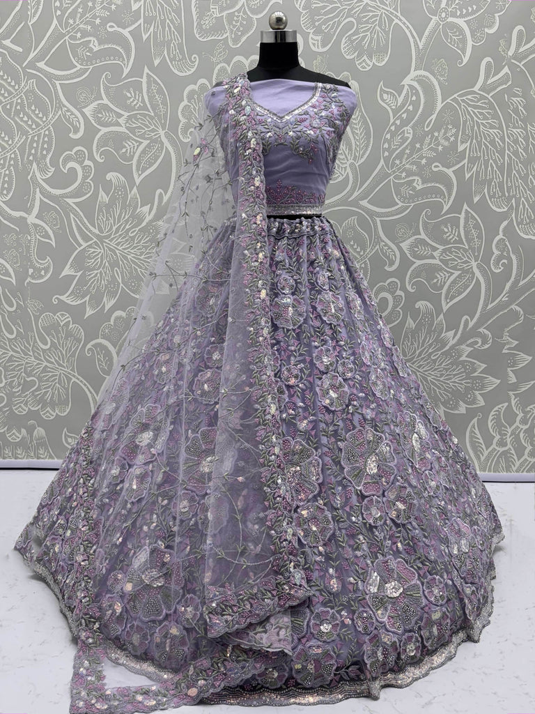 Outstanding Purple Net Zircon Work Bridesmaid Lehenga Choli