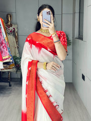 Charming White Zari Border Silk Saree With Printed Blouse