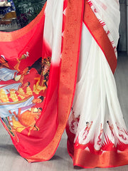 Charming White Zari Border Silk Saree With Printed Blouse