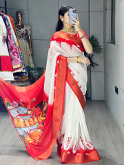 Charming White Zari Border Silk Saree With Printed Blouse