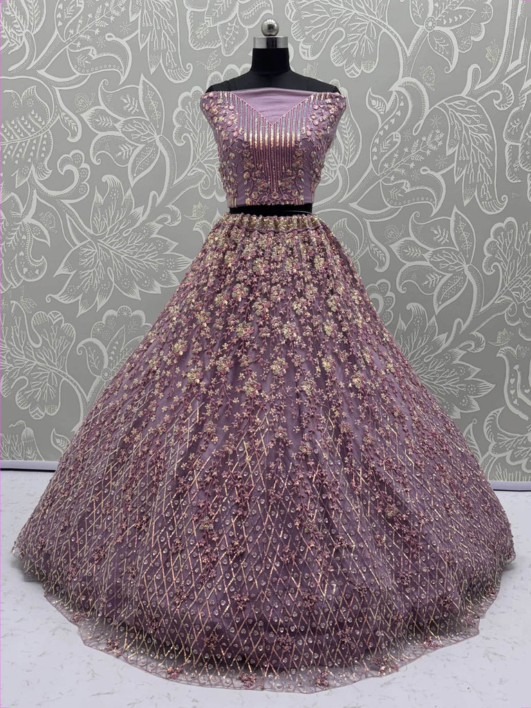 Alluring Lavender Net Zircon Work Lehenga Choli With Dupatta