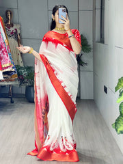 Charming White Zari Border Silk Saree With Printed Blouse