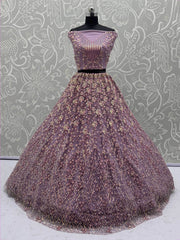 Alluring Lavender Net Zircon Work Lehenga Choli With Dupatta