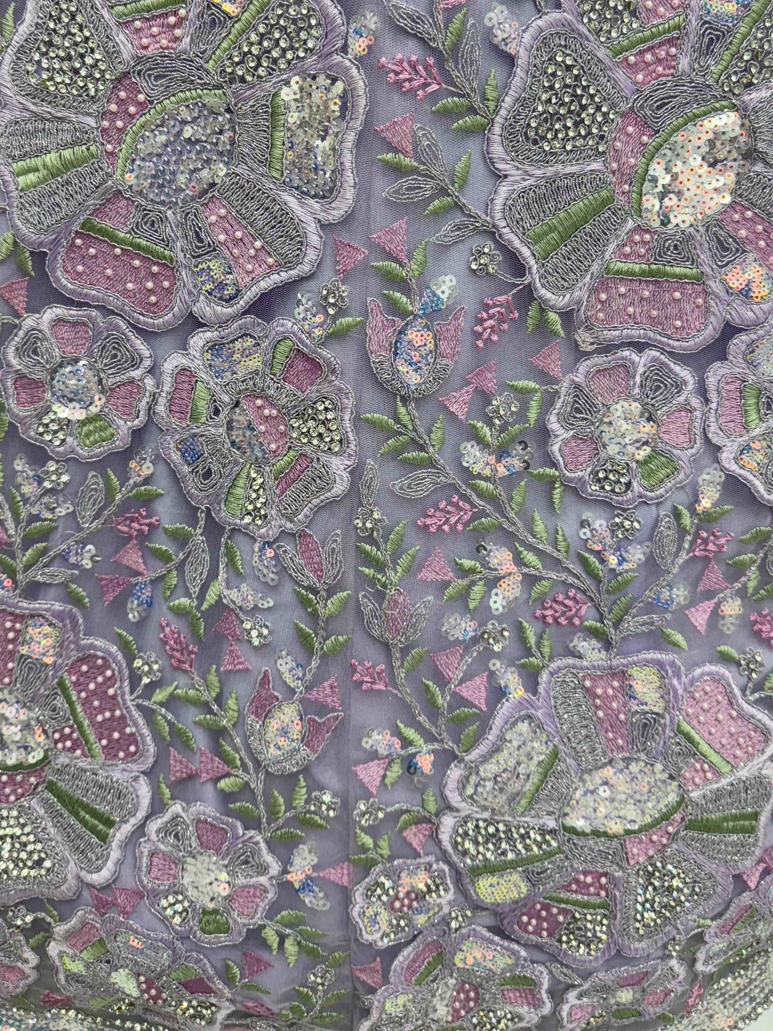 Lavender ethnic wear fabric with floral embroidery, sequins, and pearls for designer lehenga or gown
