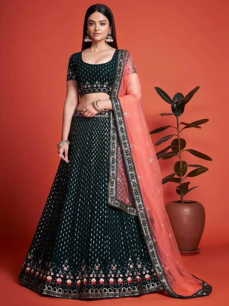 Splendid Bottle Green Sequined Georgette Bridesmaid Lehenga Choli