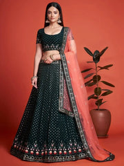 Splendid Bottle Green Sequined Georgette Bridesmaid Lehenga Choli