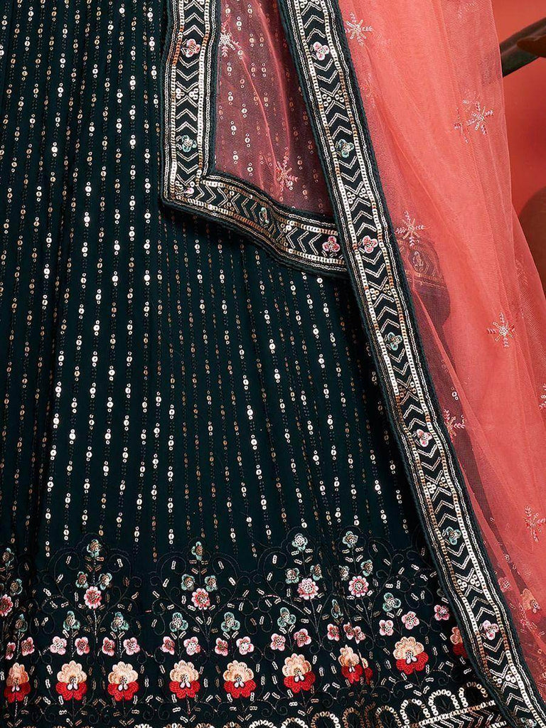 Splendid Bottle Green Sequined Georgette Bridesmaid Lehenga Choli