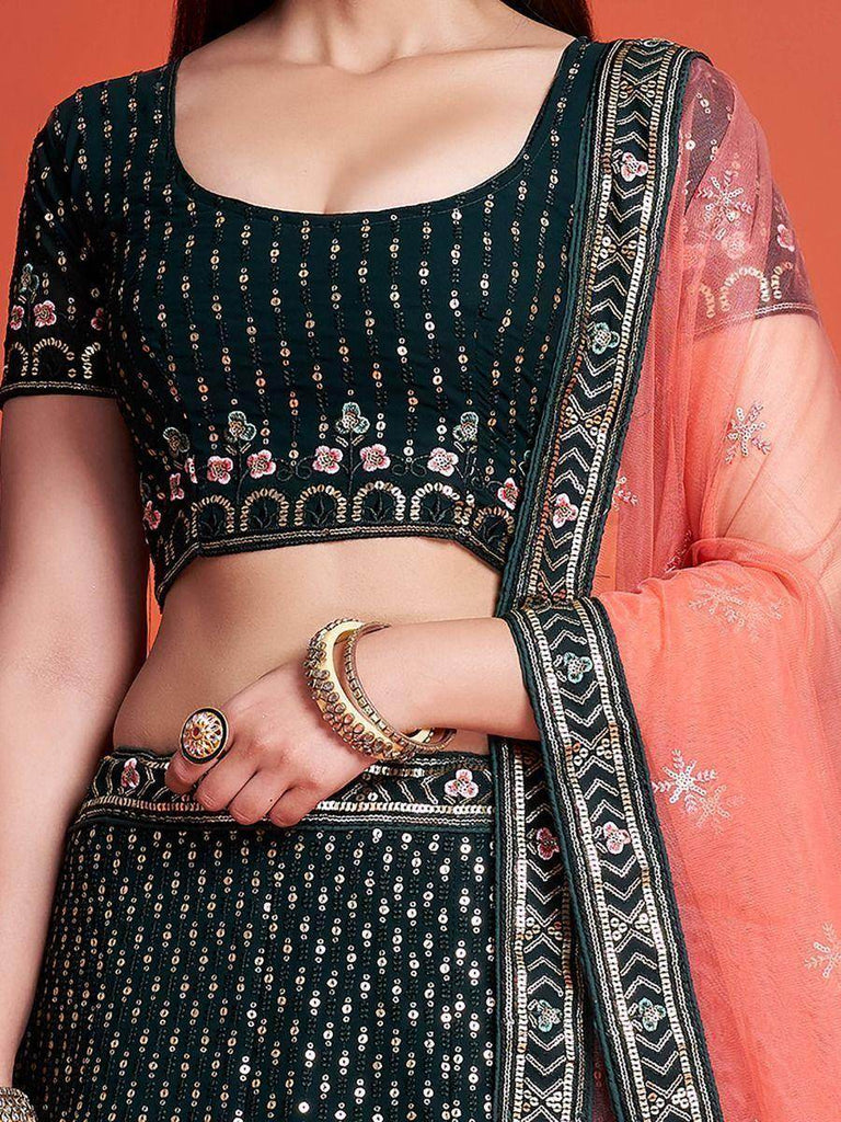 Splendid Bottle Green Sequined Georgette Bridesmaid Lehenga Choli