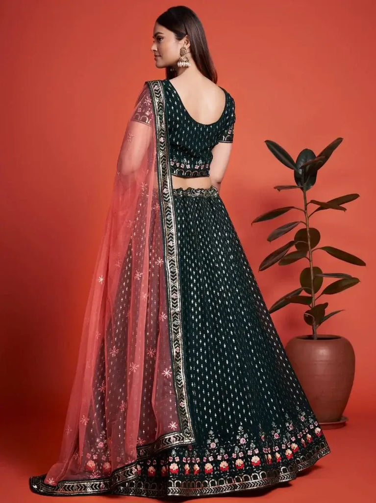 Splendid Bottle Green Sequined Georgette Bridesmaid Lehenga Choli