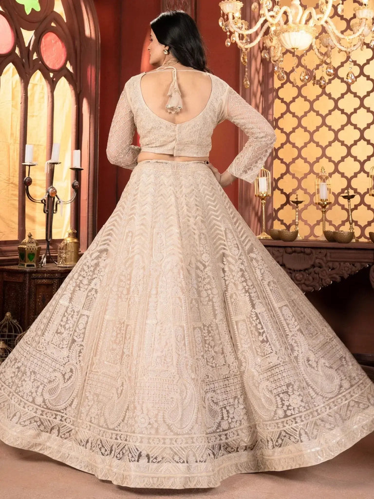 Dazzling Beige Thread Work Net Reception Wear Lehenga Choli With Dupatta - Ethnic Plus In