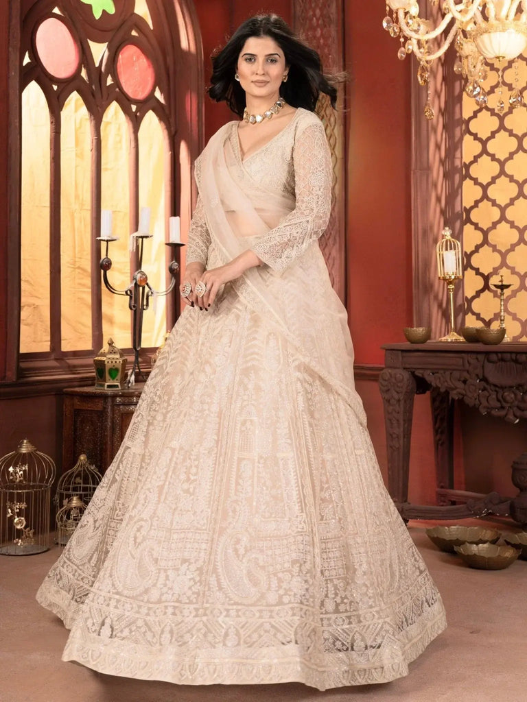 Dazzling Beige Thread Work Net Reception Wear Lehenga Choli With Dupatta - Ethnic Plus In