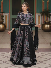 Dazzling Black Printed Rayon Navratri Wear Lehenga Choli With Dupatta - Ethnic Plus In