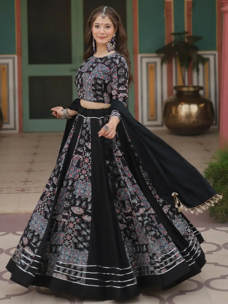 Dazzling Black Printed Rayon Navratri Wear Lehenga Choli With Dupatta - Ethnic Plus In
