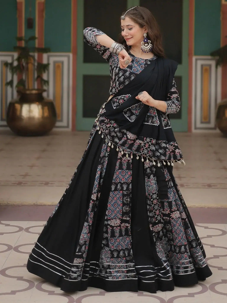 Dazzling Black Printed Rayon Navratri Wear Lehenga Choli With Dupatta - Ethnic Plus In