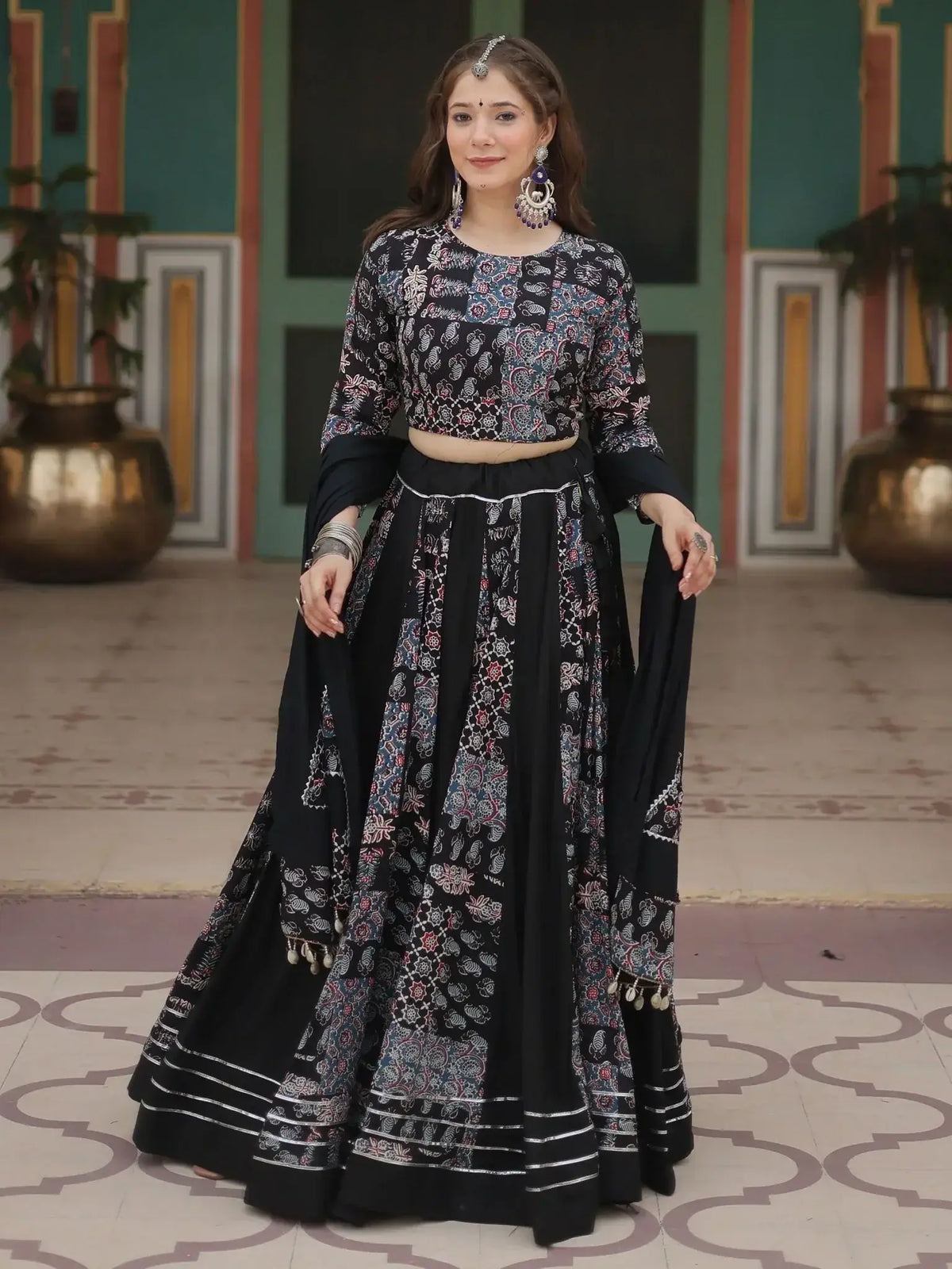 Dazzling Black Printed Rayon Navratri Wear Lehenga Choli With Dupatta - Ethnic Plus In