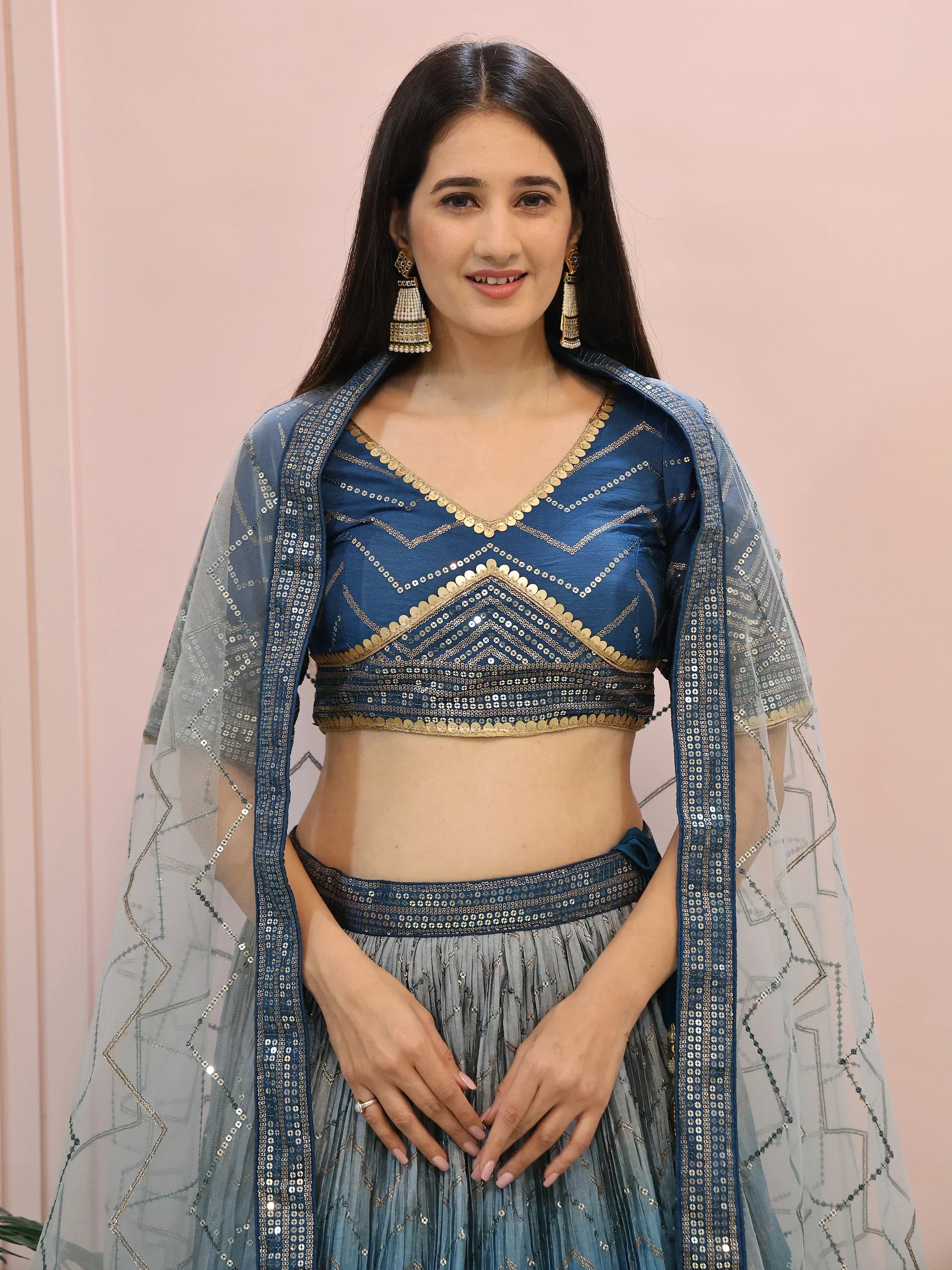 Dazzling Blue Chinon Sequins Party Wear Lehenga Choli - Ethnic Plus In
