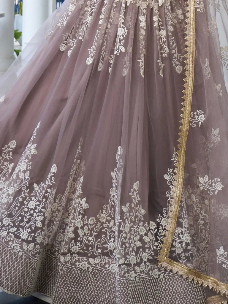 Dazzling Brown Embroidered Net Engagement Wear Lehenga Choli - Ethnic Plus In