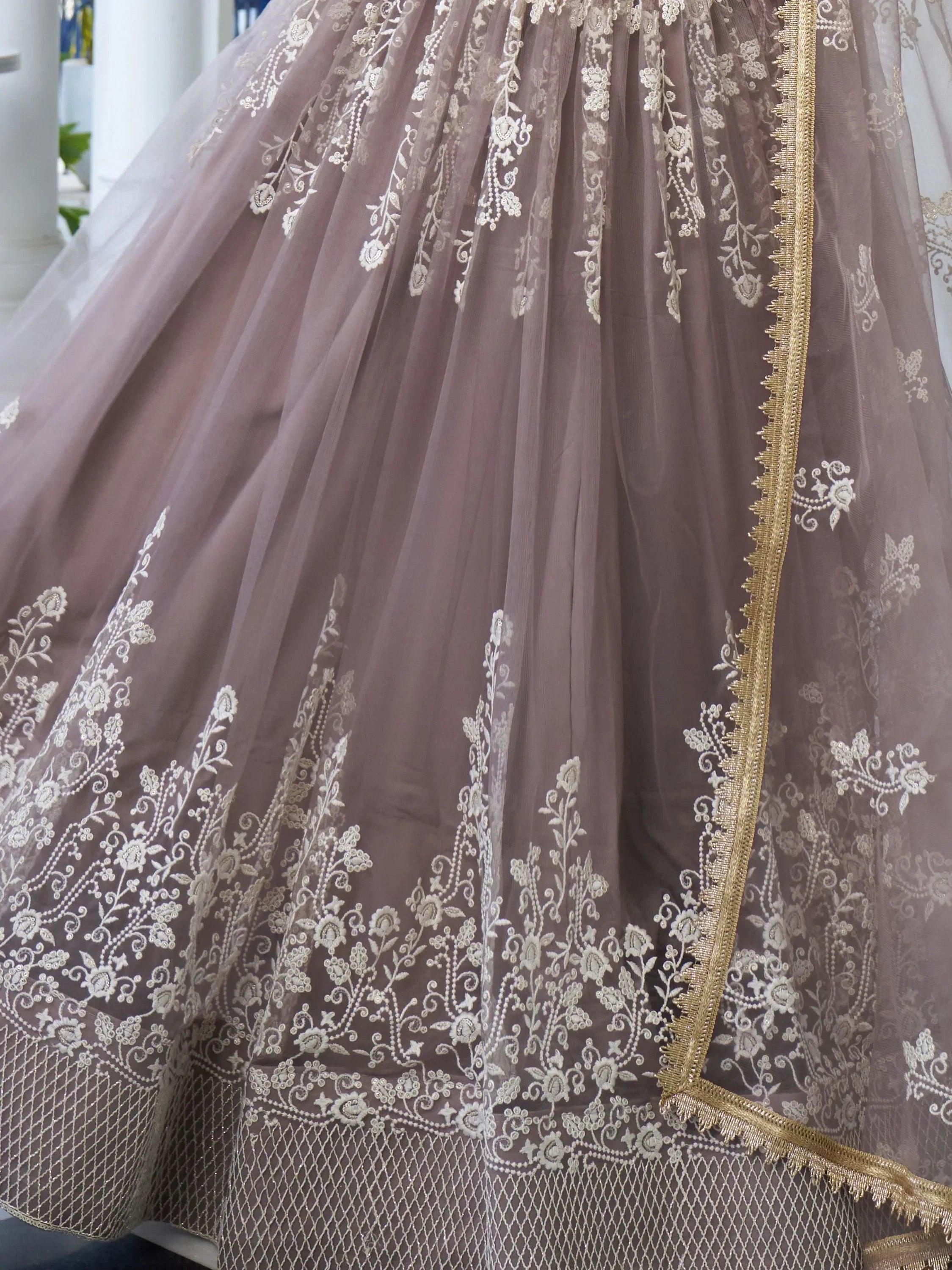 Dazzling Brown Embroidered Net Engagement Wear Lehenga Choli - Ethnic Plus In