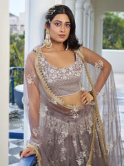 Dazzling Brown Embroidered Net Engagement Wear Lehenga Choli - Ethnic Plus In
