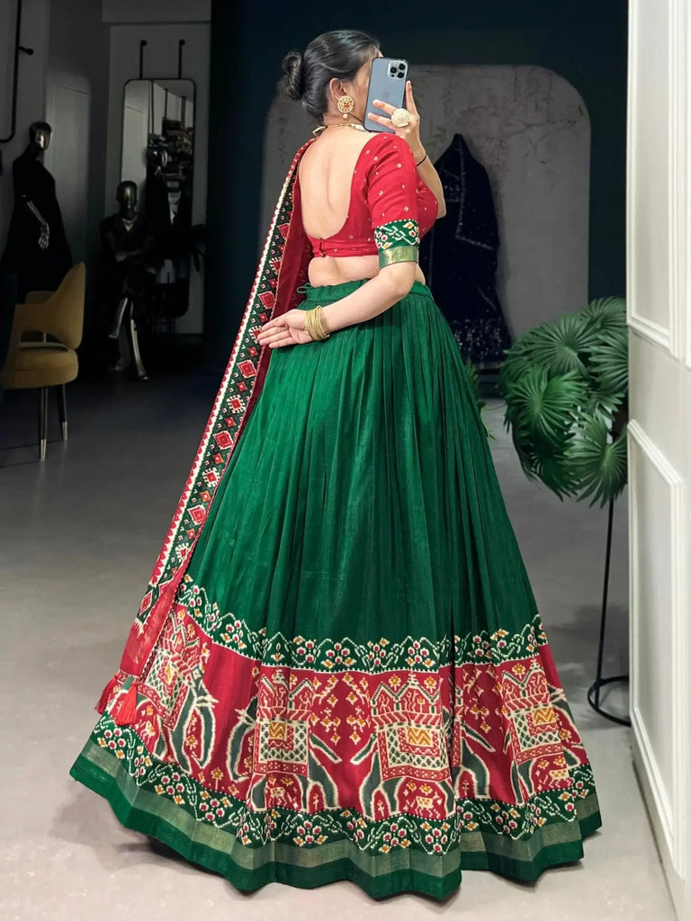 Dazzling Green Patola Printed Tussar Silk Lehenga Choli With Dupatta - Ethnic Plus In