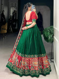 Dazzling Green Patola Printed Tussar Silk Lehenga Choli With Dupatta - Ethnic Plus In