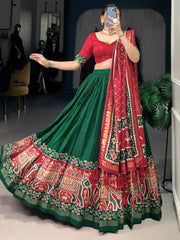 Dazzling Green Patola Printed Tussar Silk Lehenga Choli With Dupatta - Ethnic Plus In