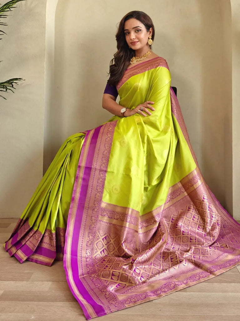 Dazzling Lime Green Zari Weaving Silk Saree With Blouse - Ethnic Plus In