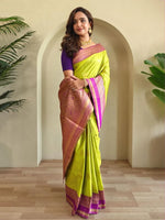 Dazzling Lime Green Zari Weaving Silk Saree With Blouse