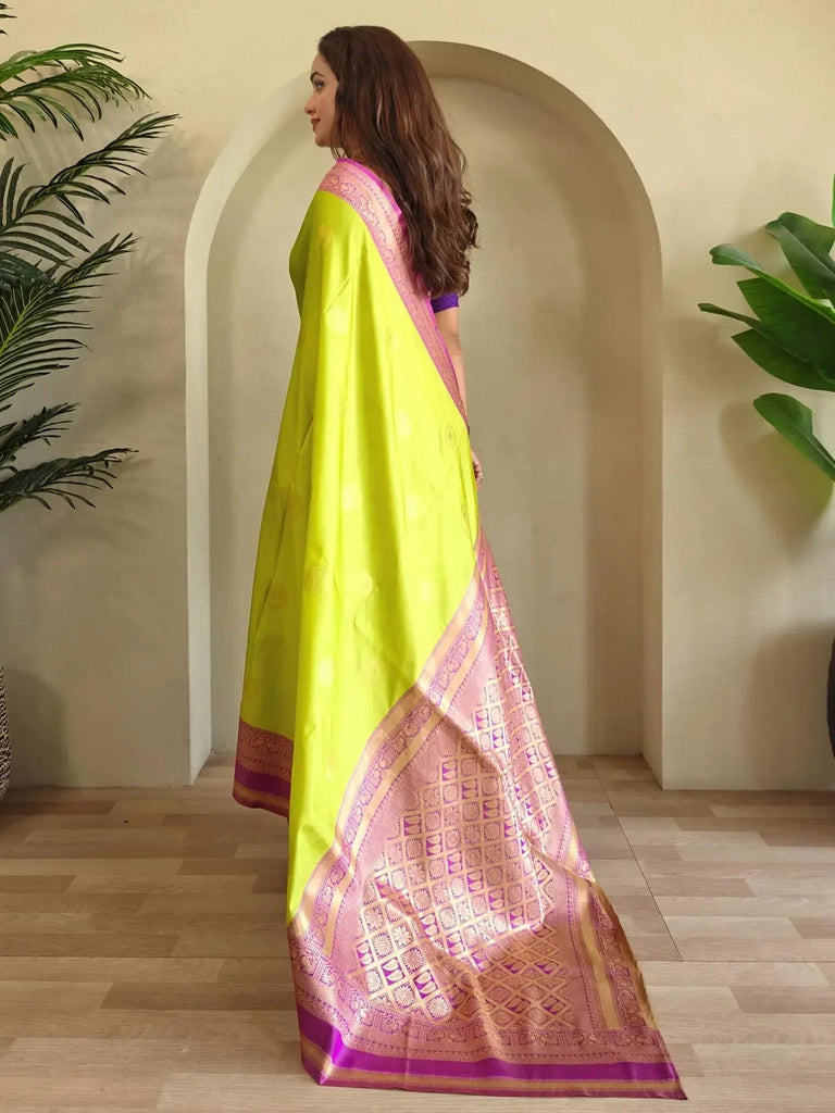 Dazzling Lime Green Zari Weaving Silk Saree With Blouse - Ethnic Plus In