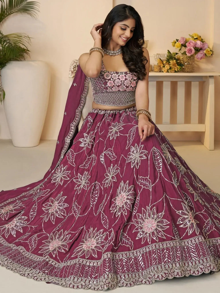 Dazzling Maroon Thread Embroidered Satin Reception Wear Lehenga Choli - Ethnic Plus In
