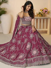 Dazzling Maroon Thread Embroidered Satin Reception Wear Lehenga Choli - Ethnic Plus In