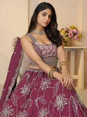 Dazzling Maroon Thread Embroidered Satin Reception Wear Lehenga Choli - Ethnic Plus In