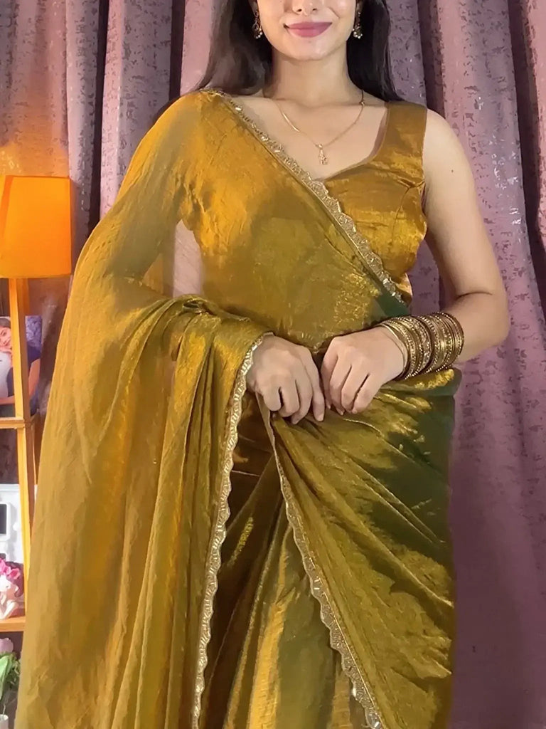 Dazzling Mehendi Beads Work Soft Silk Saree With Blouse - Ethnic Plus In