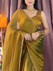 Dazzling Mehendi Beads Work Soft Silk Saree With Blouse - Ethnic Plus In