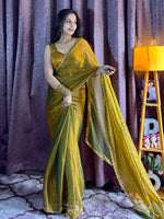 Dazzling Mehendi Beads Work Soft Silk Saree With Blouse