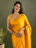 Dazzling Mustard Yellow Chiffon Haldi Wear Pre - Stitched Saree - Ethnic Plus In