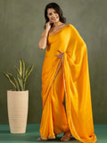 Dazzling Mustard Yellow Chiffon Haldi Wear Pre - Stitched Saree - Ethnic Plus In