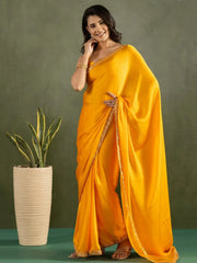 Dazzling Mustard Yellow Chiffon Haldi Wear Pre - Stitched Saree - Ethnic Plus In