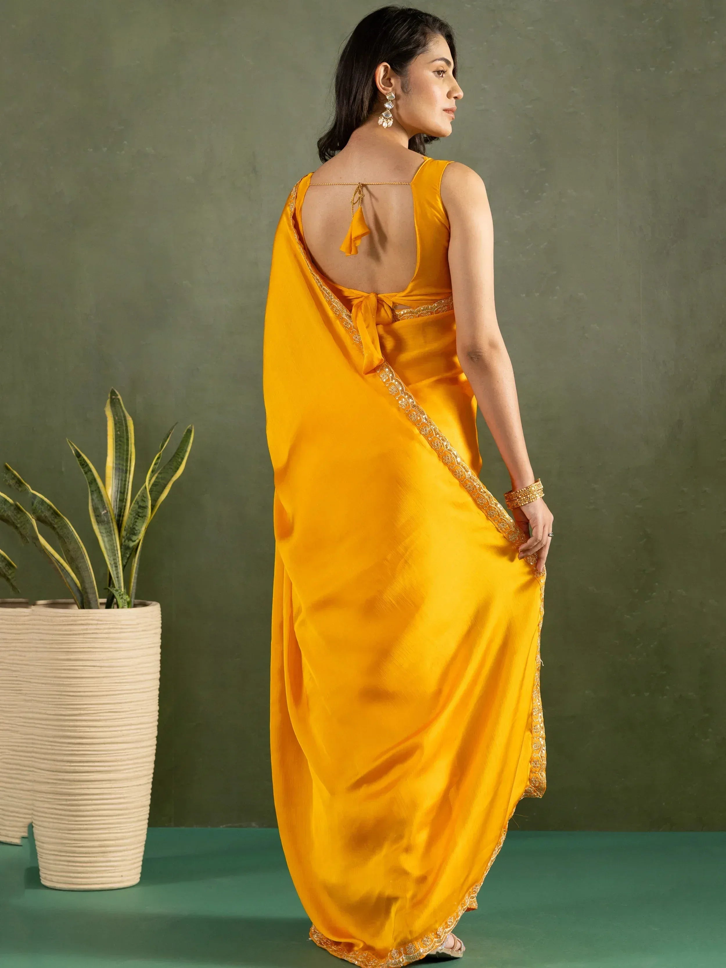 Dazzling Mustard Yellow Chiffon Haldi Wear Pre - Stitched Saree - Ethnic Plus In