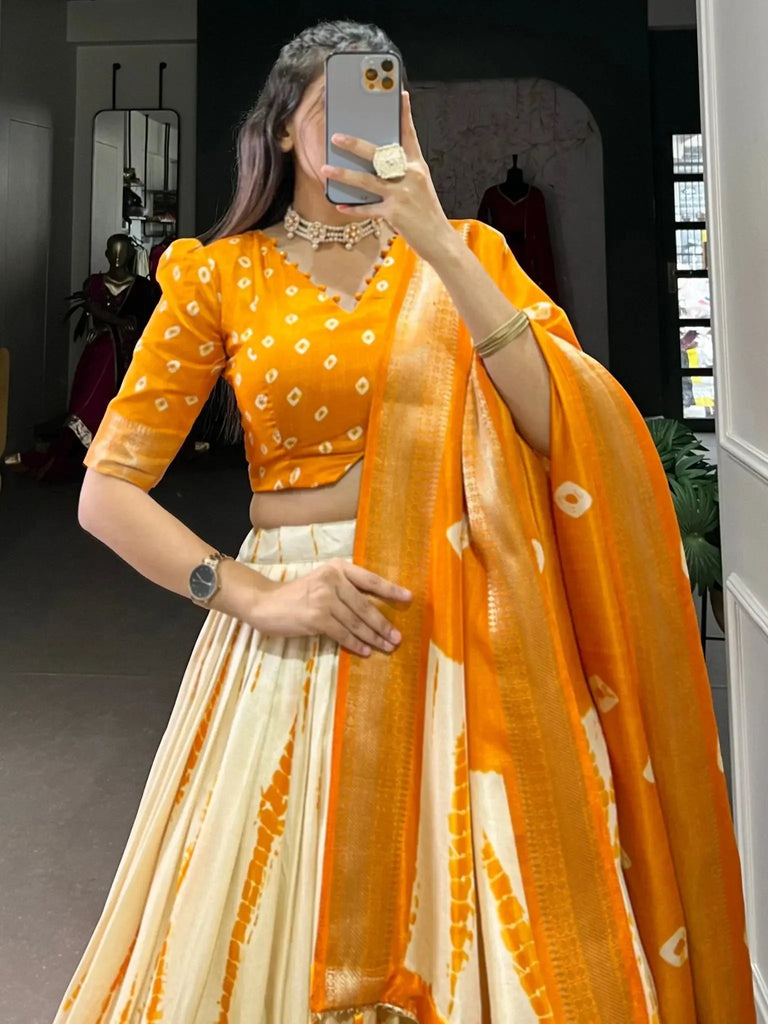 Dazzling Mustard Yellow Shibori Printed Dola Silk Lehenga With Blouse - Ethnic Plus In
