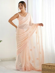 Dazzling Peach Georgette Sequins Embroidered Saree With Blouse - Ethnic Plus In