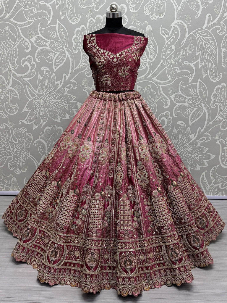 Dazzling Pink Embroidered Velvet Bridal Lehenga Choli With Dupatta - Ethnic Plus In