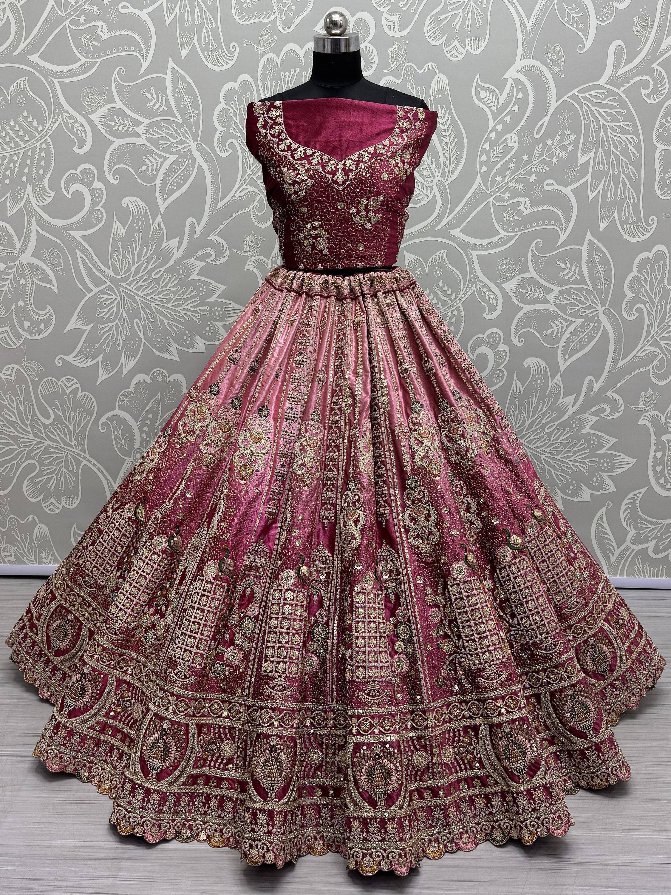 Burgundy velvet lehenga choli with gold embroidery, Indian ethnic wear for weddings and festivals